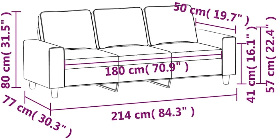 Trivietė sofa, juodos spalvos, 180cm, audinys
