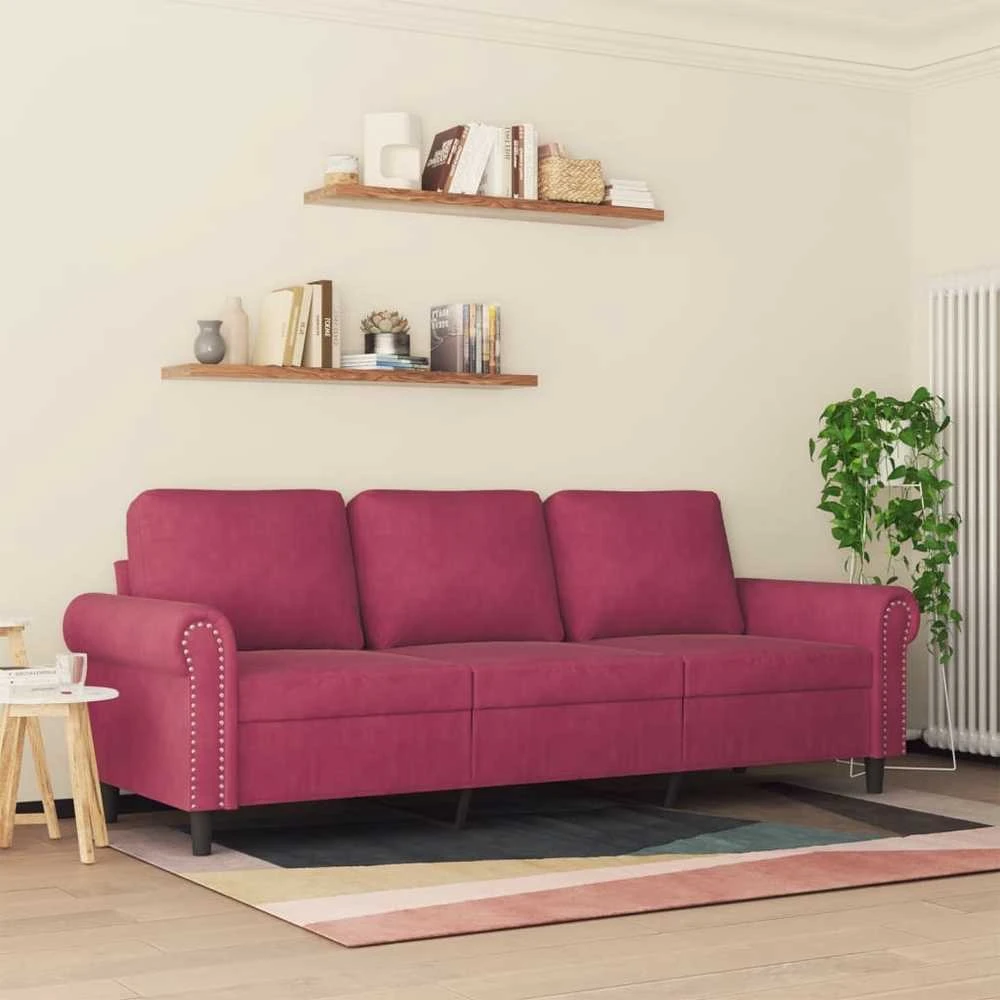 Trivietė sofa, raudonojo vyno spalvos, 180cm, aksomas