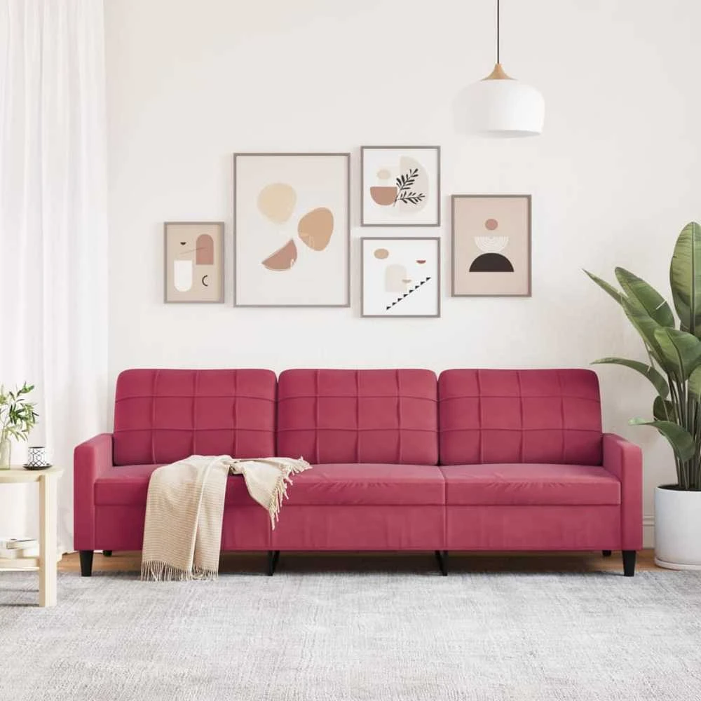 Trivietė sofa, raudonojo vyno spalvos, 210cm, aksomas