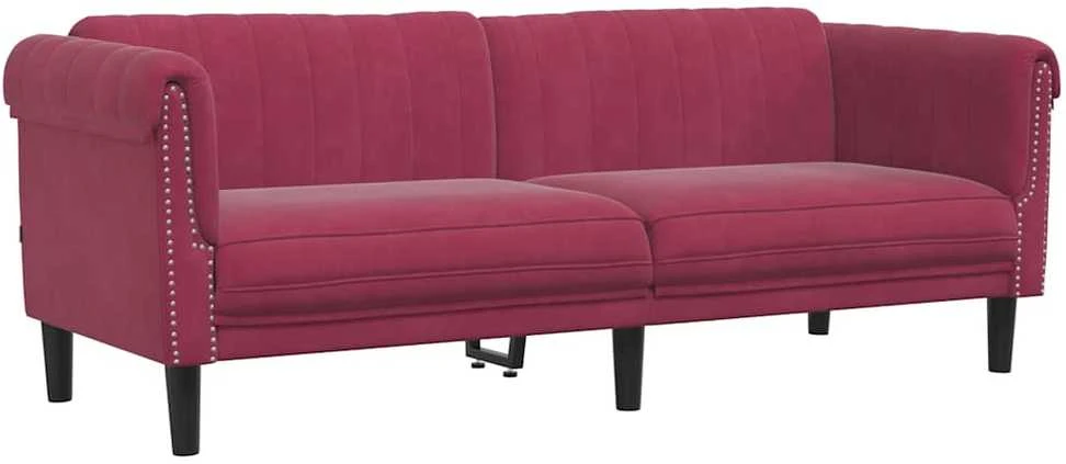Trivietė sofa, raudonojo vyno spalvos, aksomas