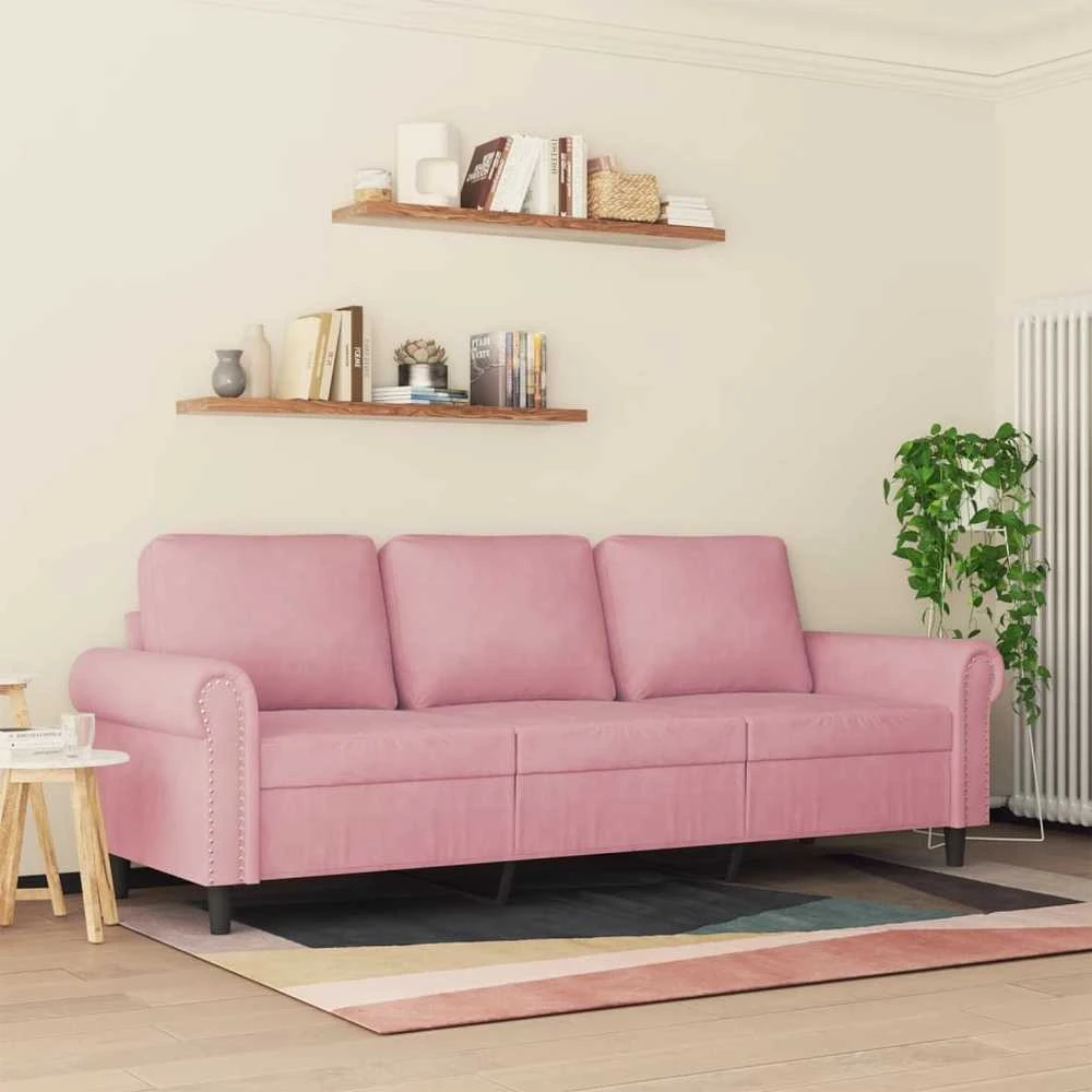 Trivietė sofa, rožinės spalvos, 180cm, aksomas