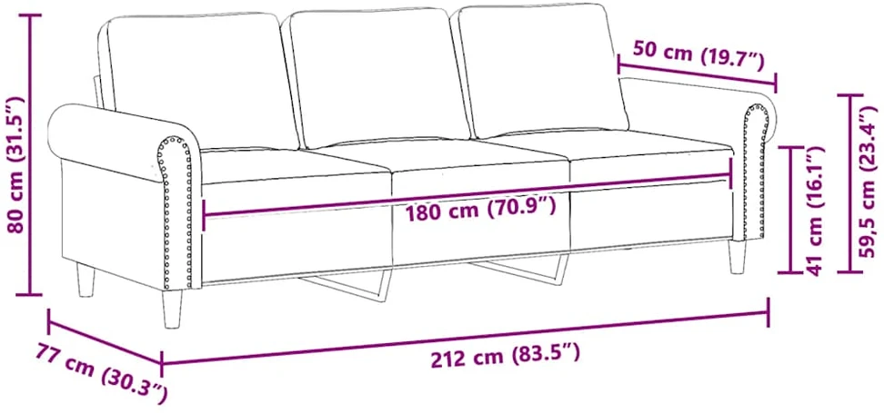 Trivietė sofa, rožinės spalvos, 180cm, aksomas