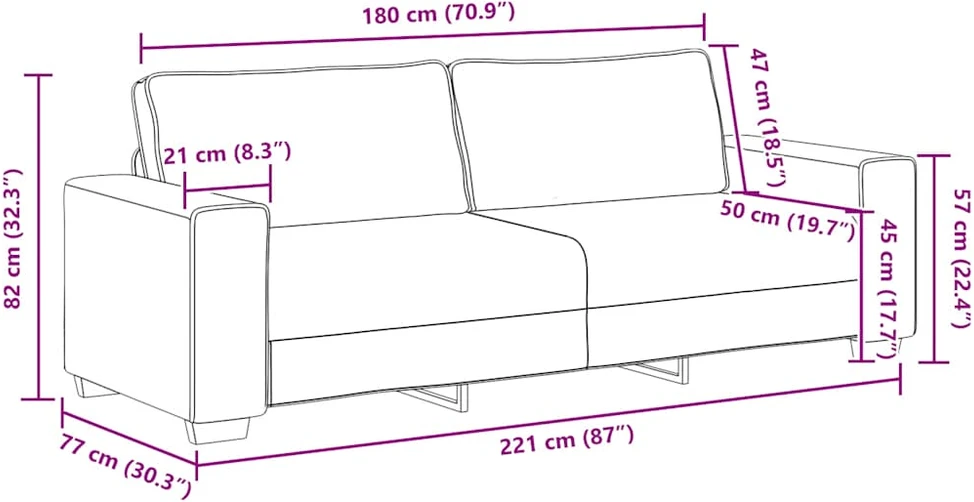 Trivietė sofa, ruda, 220x77x82 cm, audinys