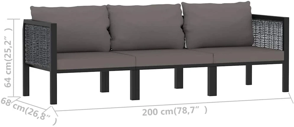 Lauko baldų komplektas Trivietė sofa su pagalvėlėmis, antracito spalvos, poliratanas