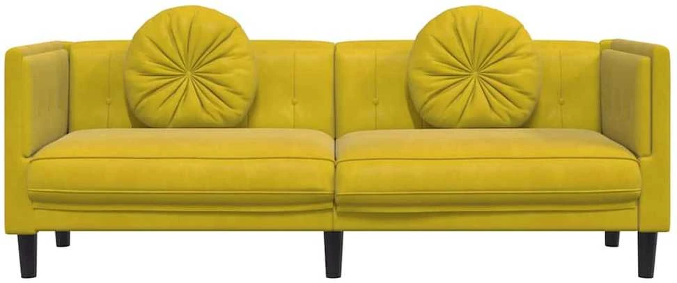Trivietė sofa su pagalvėlėmis, geltonos spalvos, aksomas