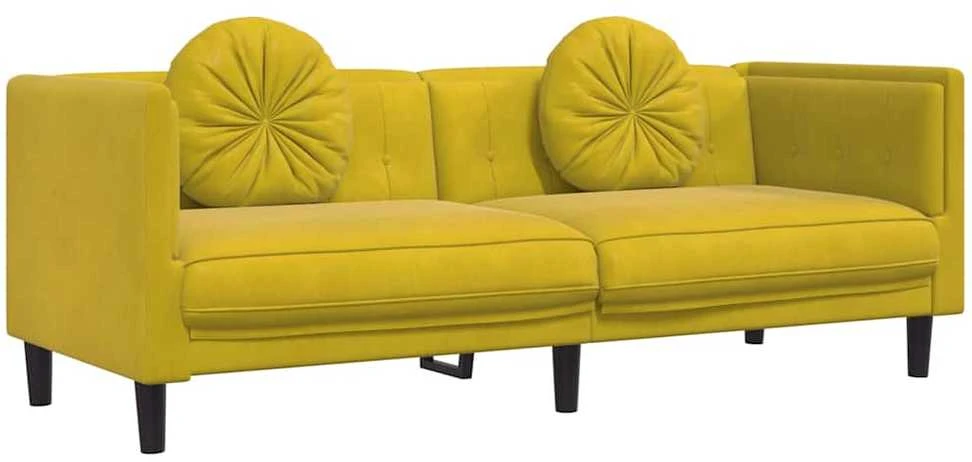 Trivietė sofa su pagalvėlėmis, geltonos spalvos, aksomas