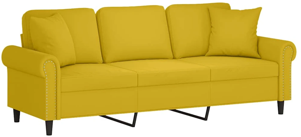 Trivietė sofa su pagalvėlėmis, geltonos spalvos, 180cm, aksomas