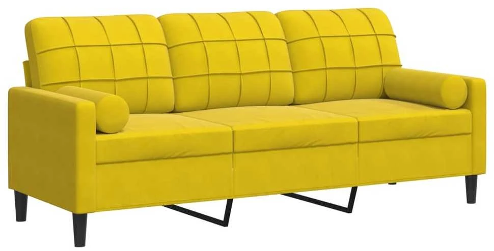 Trivietė sofa su pagalvėlėmis, geltonos spalvos, 180cm, aksomas