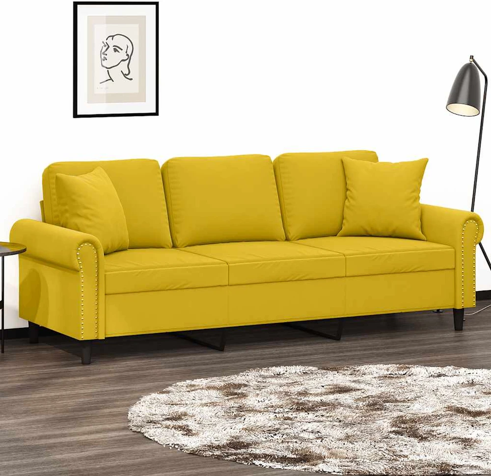 Trivietė sofa su pagalvėlėmis, geltonos spalvos, 180cm, aksomas