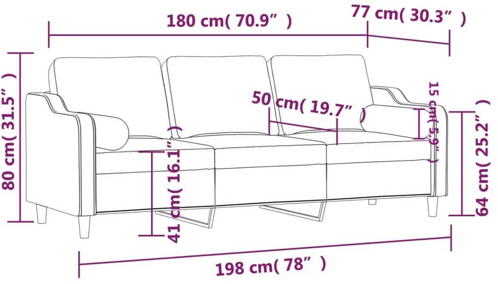 Trivietė sofa su pagalvėlėmis, juodos spalvos, 180cm, audinys