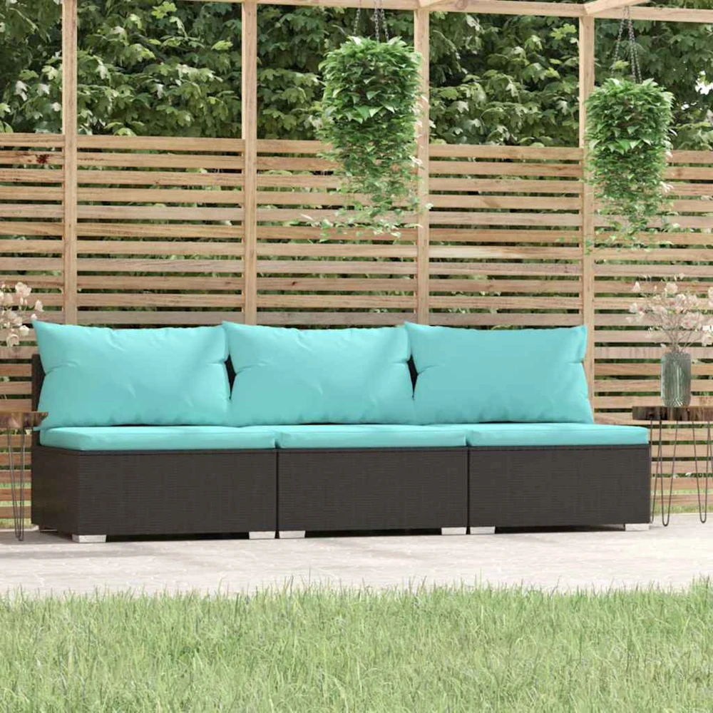Lauko baldų komplektas Trivietė sofa su pagalvėlėmis, juodos spalvos, poliratanas