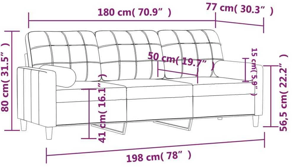 Trivietė sofa su pagalvėlėmis, juodos spalvos, 180cm, audinys