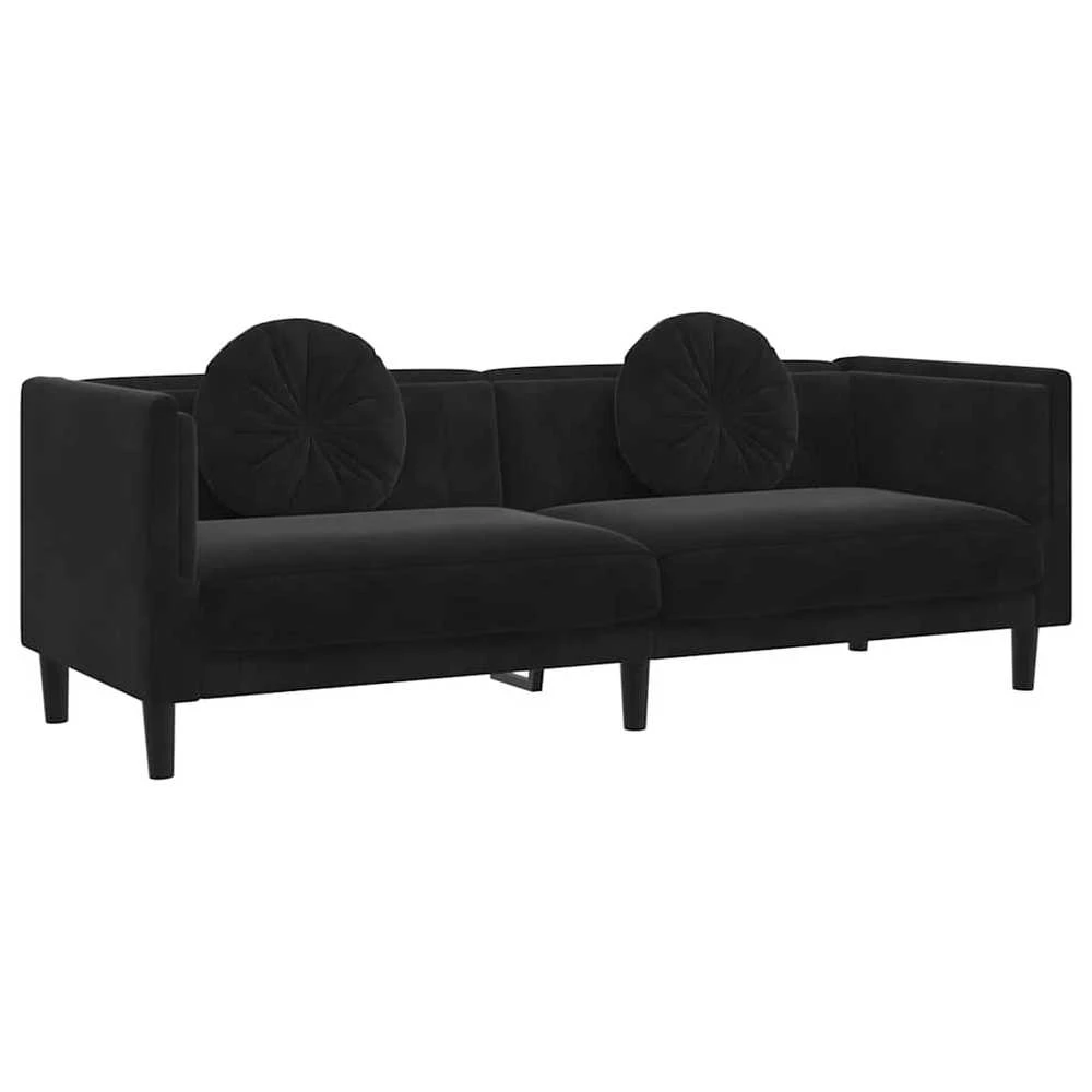 Trivietė sofa su pagalvėlėmis, juodos spalvos, aksomas