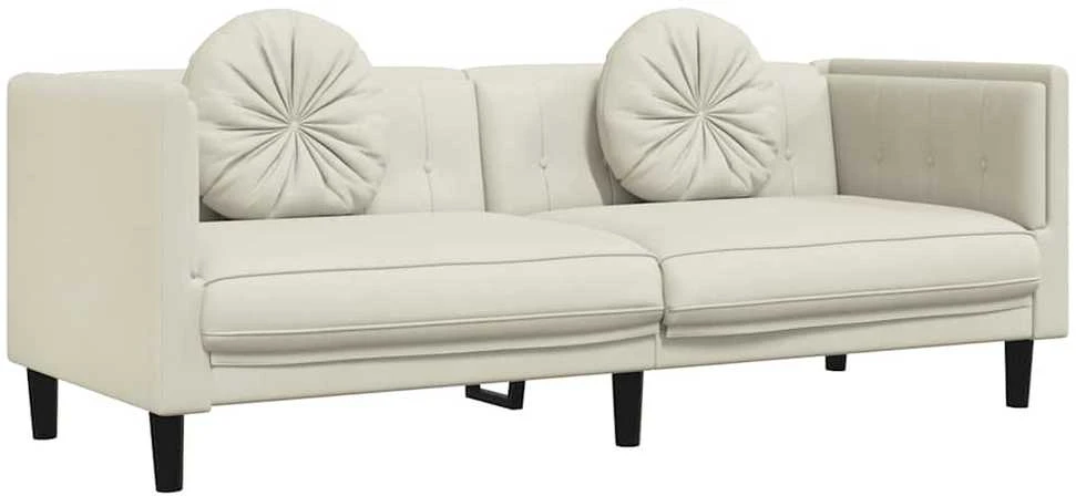Trivietė sofa su pagalvėlėmis, kreminės spalvos, aksomas