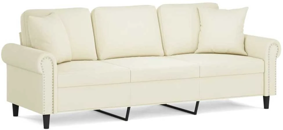 Trivietė sofa su pagalvėlėmis, kreminės spalvos, 180cm, aksomas