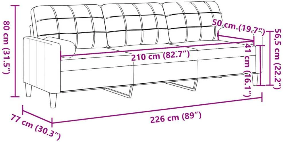 Trivietė sofa su pagalvėlėmis, kreminės spalvos, 210cm, aksomas