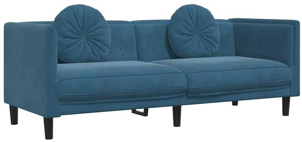 Trivietė sofa su pagalvėlėmis, mėlynos spalvos, aksomas