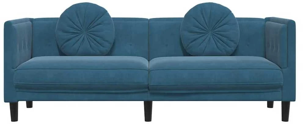 Trivietė sofa su pagalvėlėmis, mėlynos spalvos, aksomas
