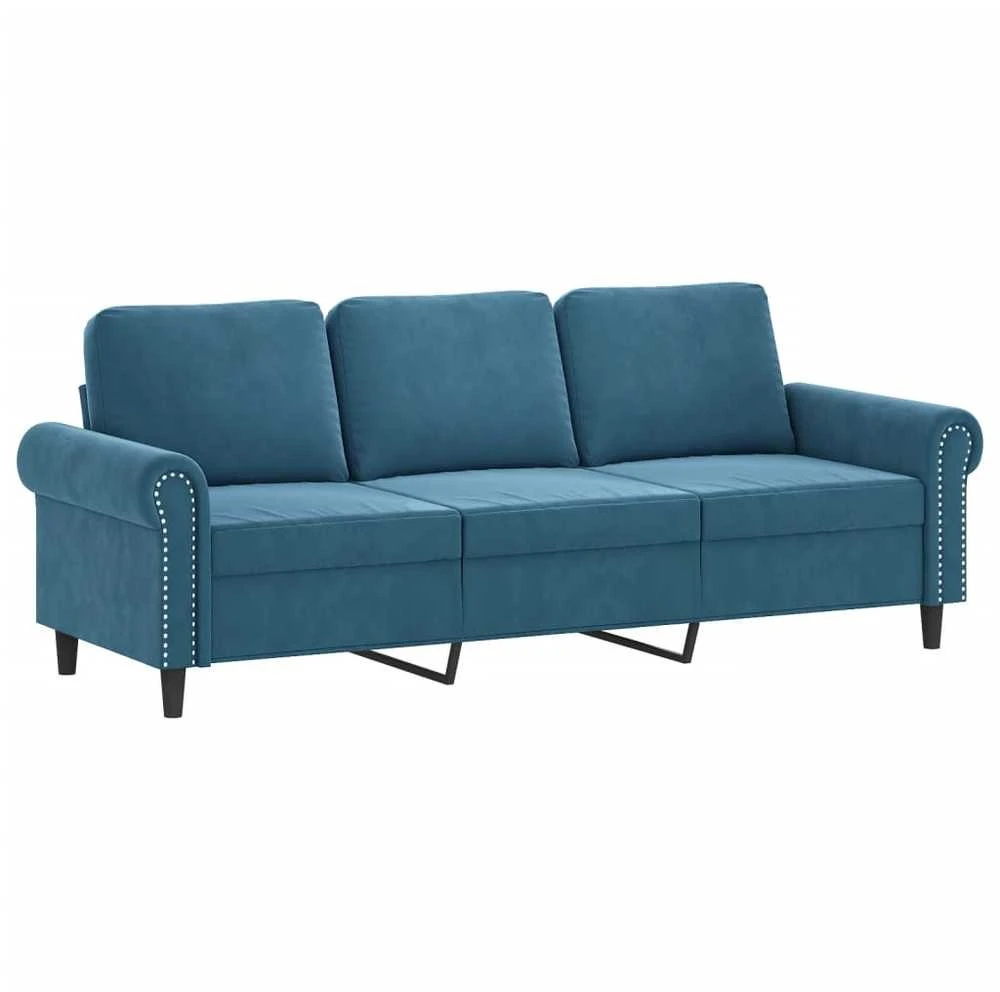 Trivietė sofa su pagalvėlėmis, mėlynos spalvos, 180cm, aksomas