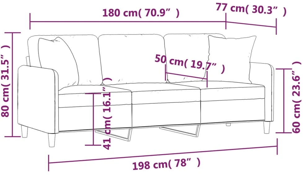 Trivietė sofa su pagalvėlėmis, raudonojo vyno, 180cm, audinys