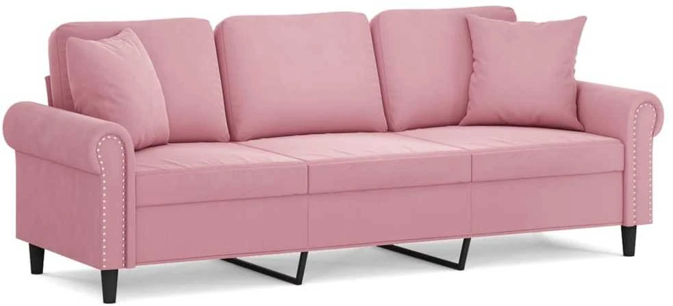 Trivietė sofa su pagalvėlėmis, rožinės spalvos, 180cm, aksomas