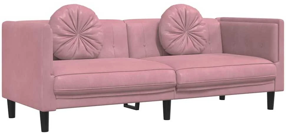 Trivietė sofa su pagalvėlėmis, rožinės spalvos, aksomas