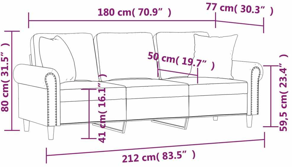 Trivietė sofa su pagalvėlėmis, rudos spalvos, 180cm, aksomas