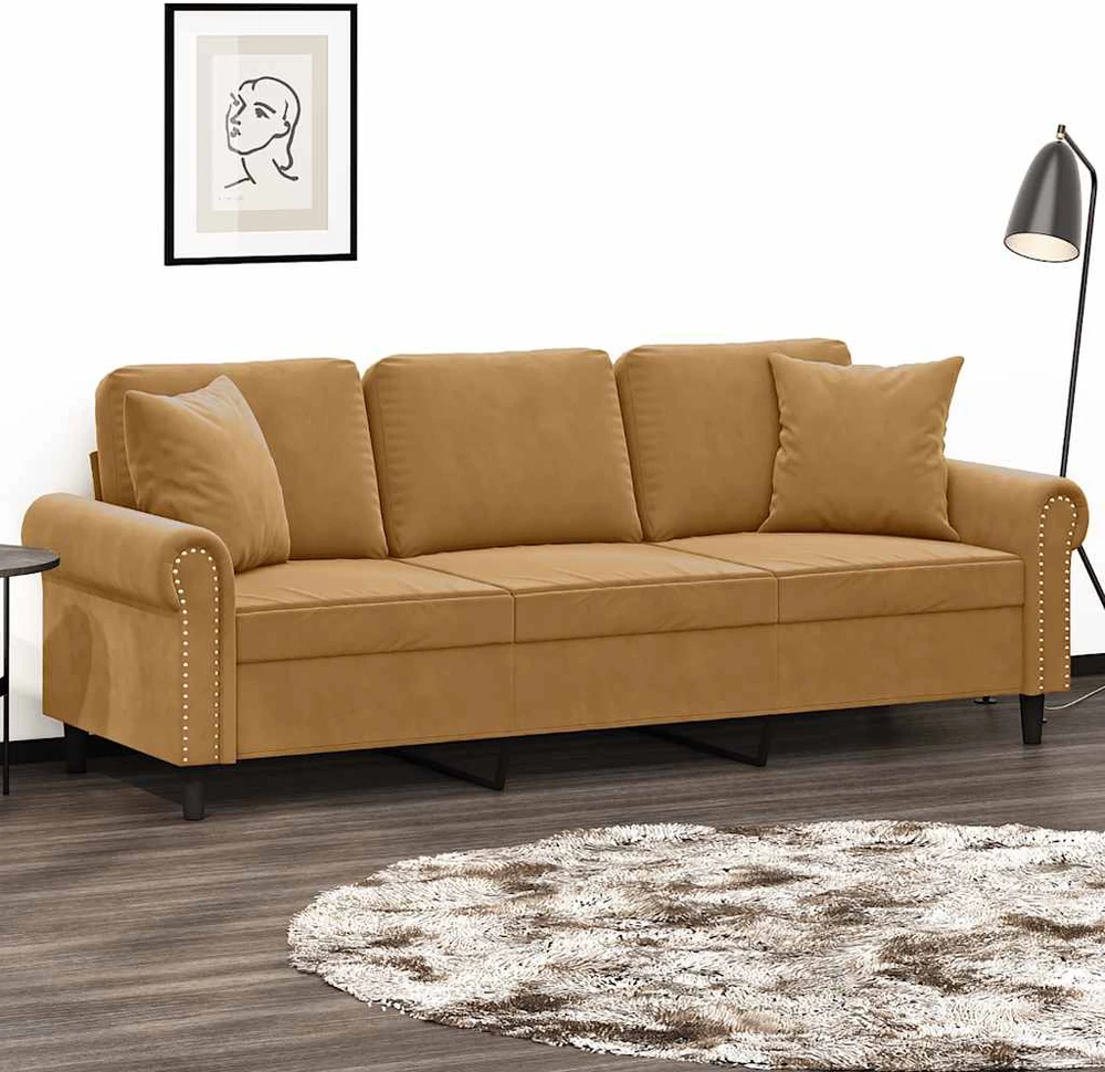Trivietė sofa su pagalvėlėmis, rudos spalvos, 180cm, aksomas