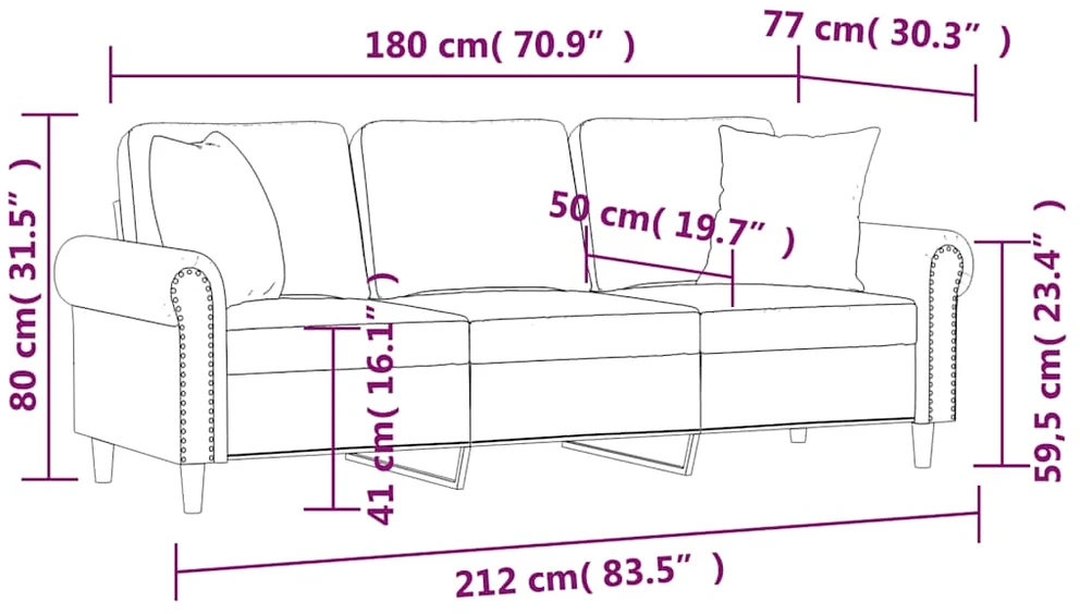 Trivietė sofa su pagalvėlėmis, rudos spalvos, 180cm, aksomas