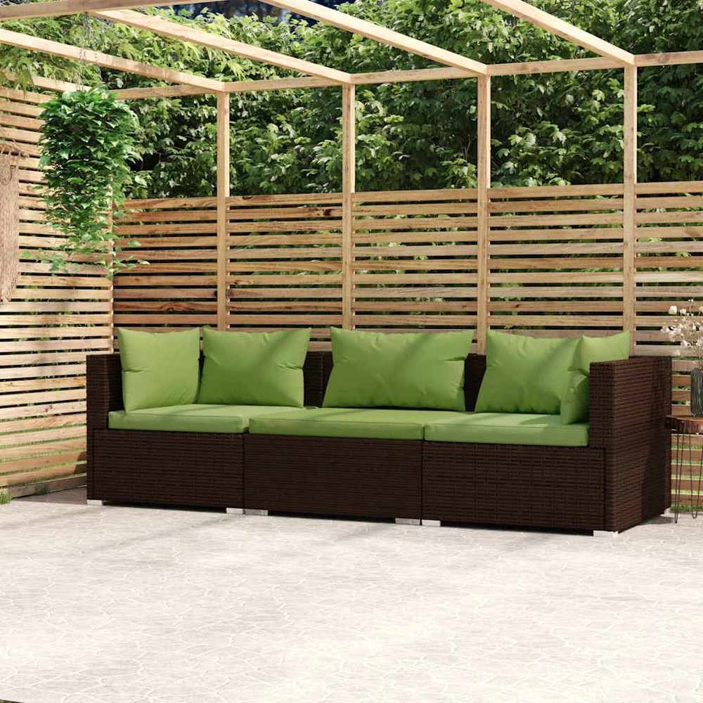Trivietė sofa su pagalvėlėmis, rudos spalvos, poliratanas