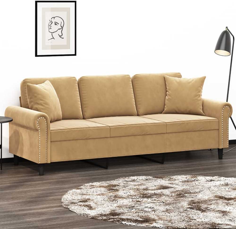 Trivietė sofa su pagalvėlėmis, rudos spalvos, 180cm, aksomas