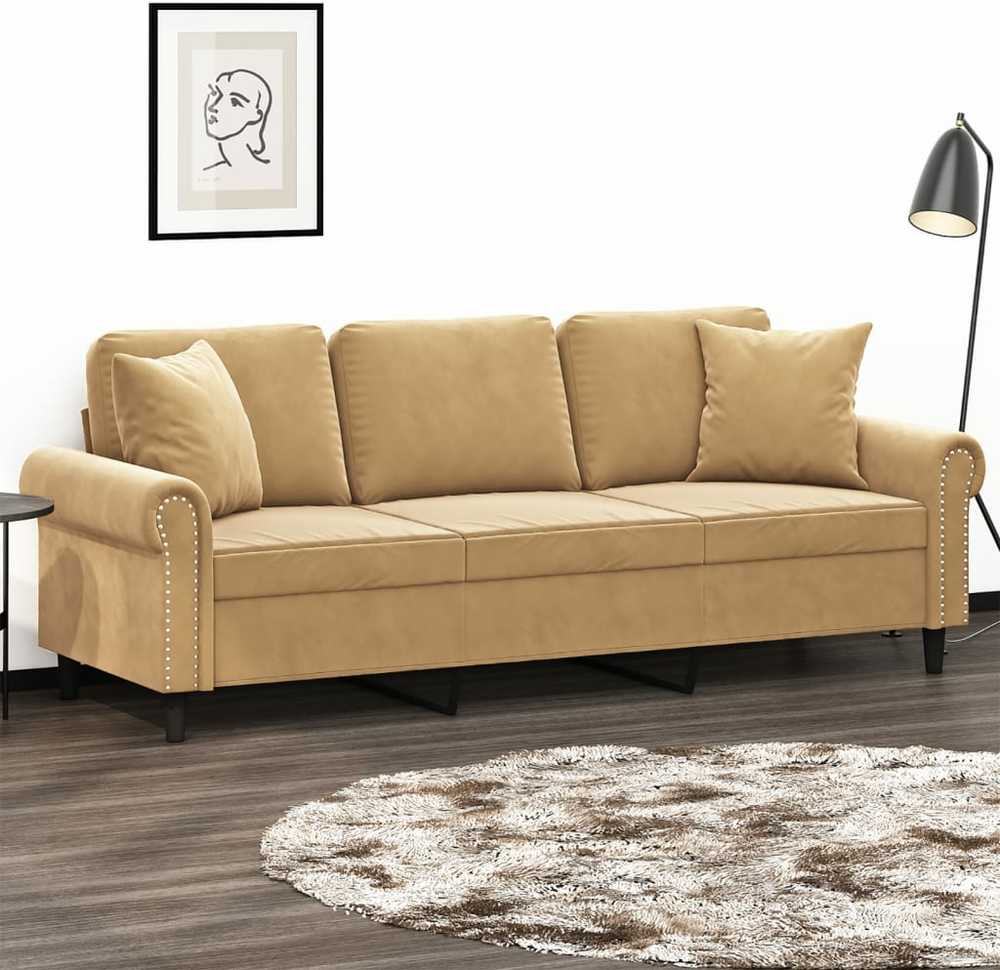 Trivietė sofa su pagalvėlėmis, rudos spalvos, 180cm, aksomas