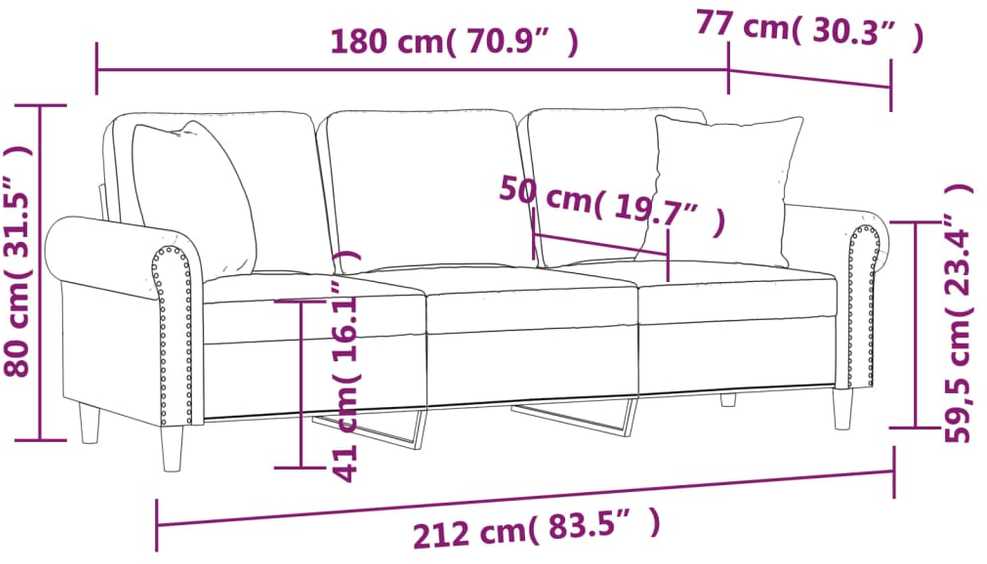 Trivietė sofa su pagalvėlėmis, rudos spalvos, 180cm, aksomas
