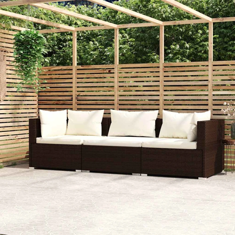 Trivietė sofa su pagalvėlėmis, rudos spalvos, poliratanas