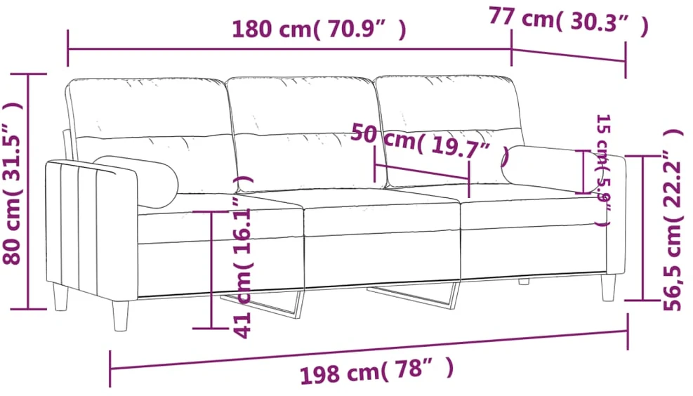 Trivietė sofa su pagalvėlėmis, šviesiai geltona, 180cm, audinys