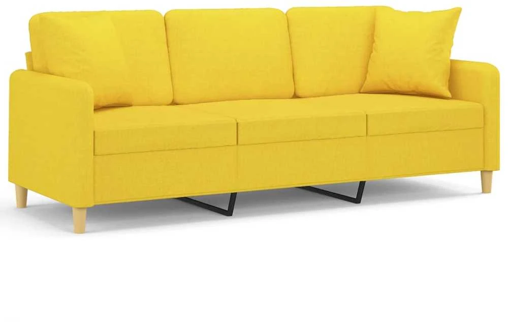 Trivietė sofa su pagalvėlėmis, šviesiai geltona, 180cm, audinys