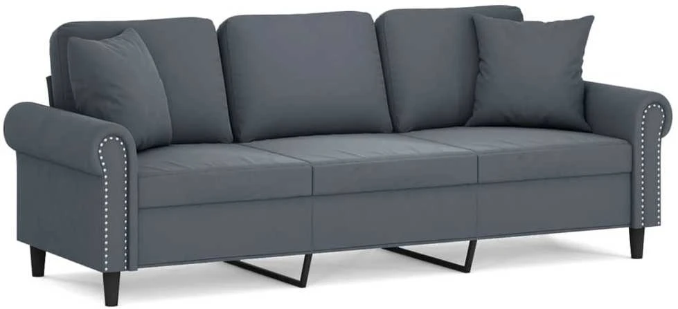 Trivietė sofa su pagalvėlėmis, tamsiai pilka, 180cm, aksomas