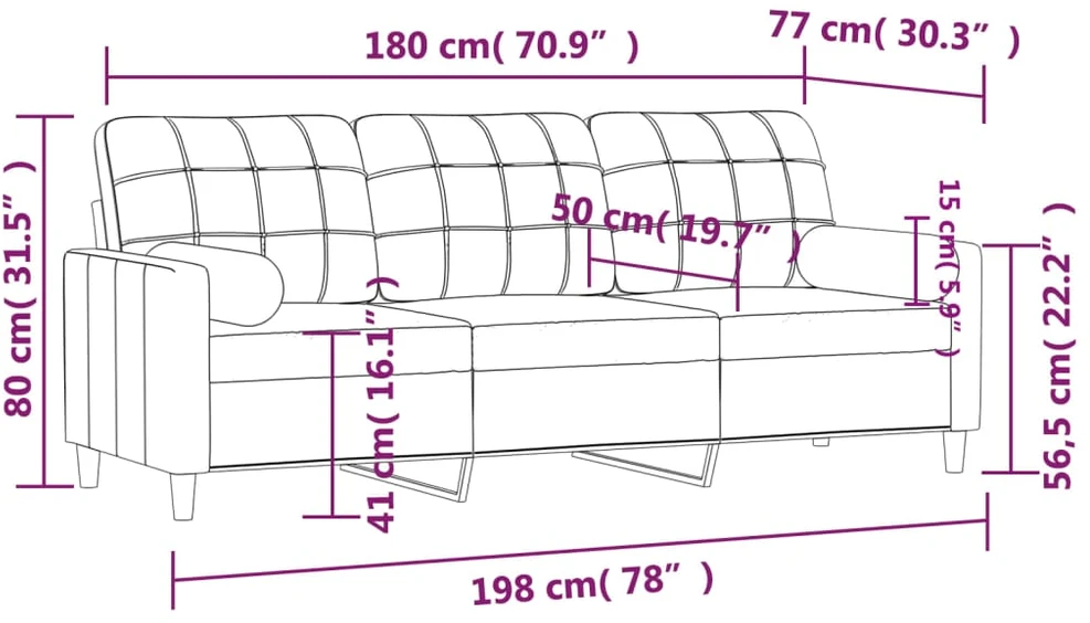 Trivietė sofa su pagalvėlėmis, tamsiai pilka, 180cm, audinys