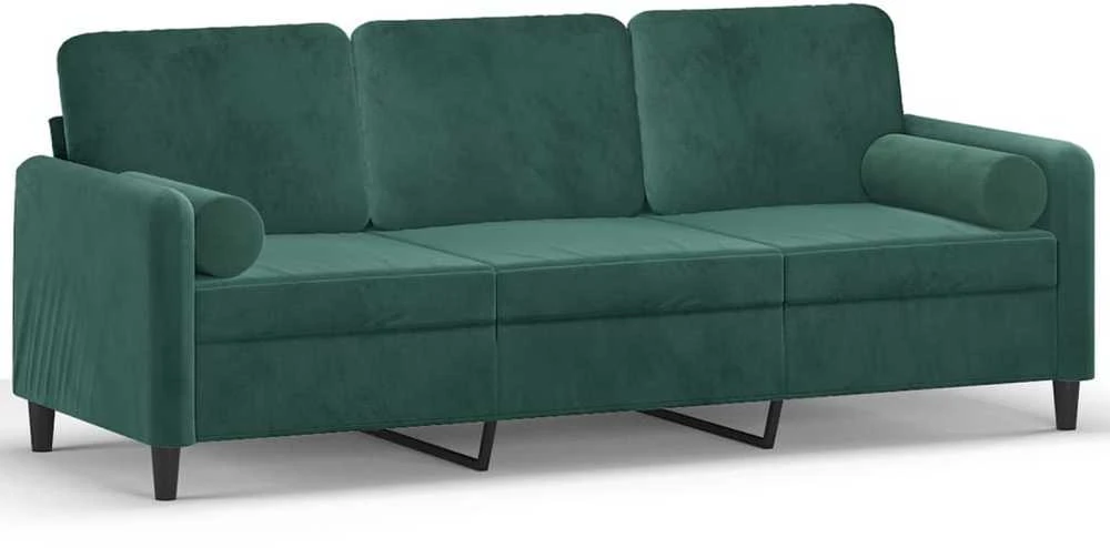 Trivietė sofa su pagalvėlėmis, tamsiai žalia, 180cm, aksomas