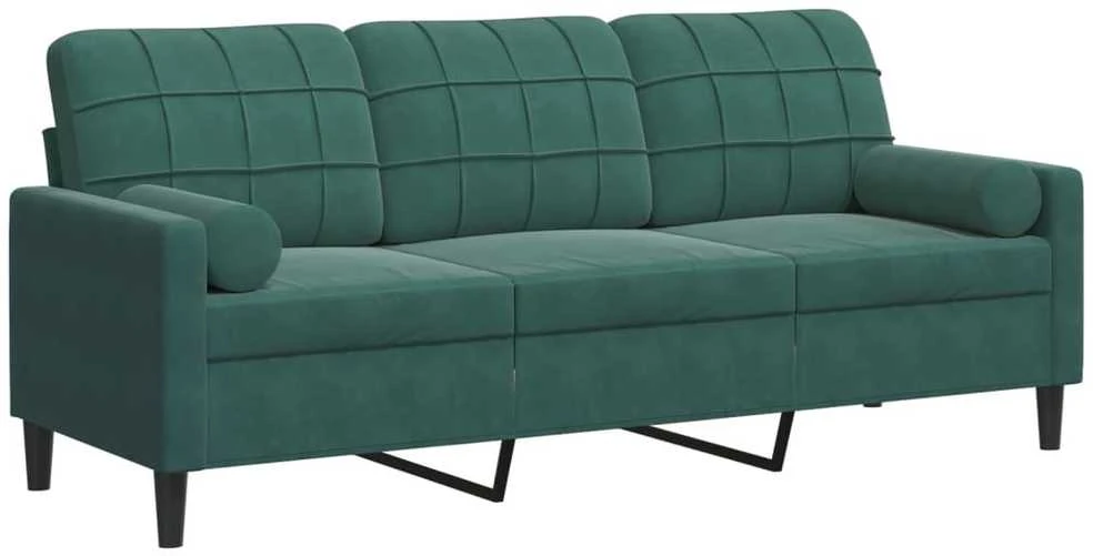 Trivietė sofa su pagalvėlėmis, tamsiai žalia, 180cm, aksomas