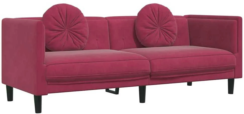 Trivietė sofa su pagalvėlėmis, vyno raudonos spalvos, aksomas