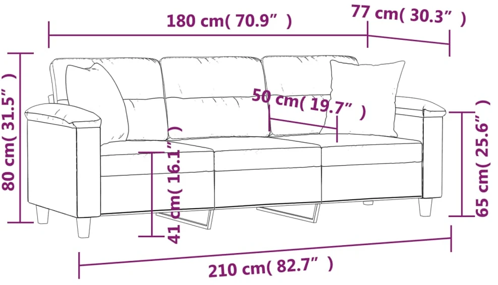 Trivietė sofa su pagalvėmis, kreminė, 180cm, audinys