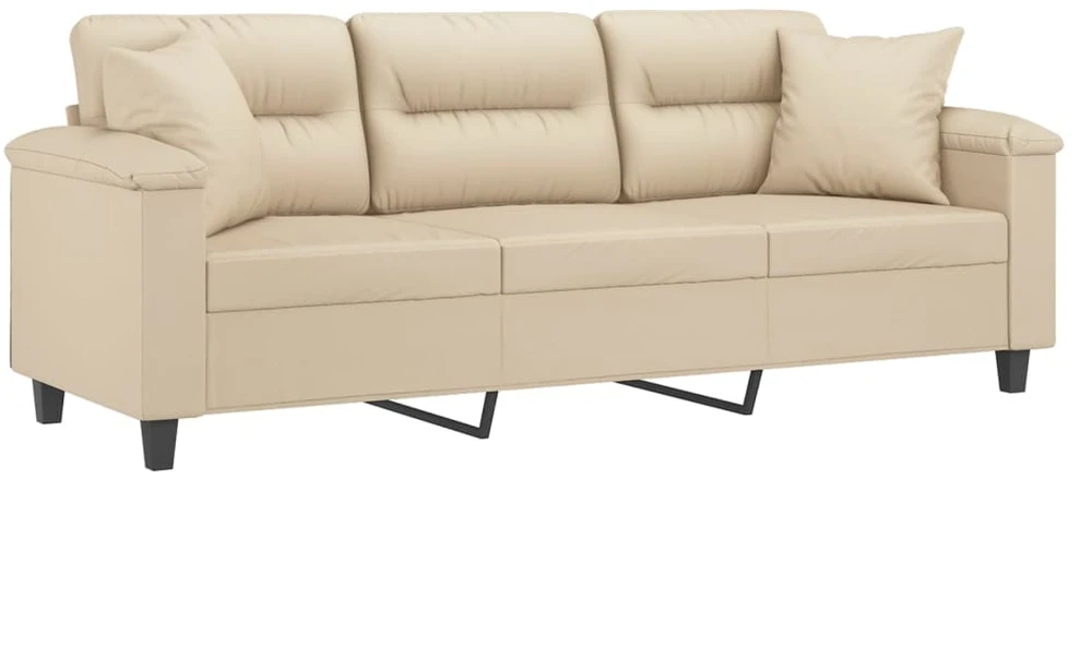 Trivietė sofa su pagalvėmis, kreminė, 180cm, audinys