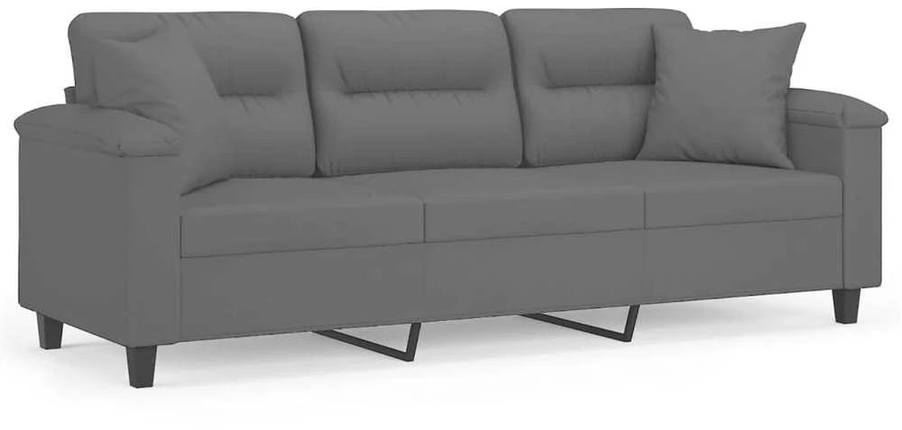 Trivietė sofa su pagalvėmis, pilka, 180cm, mikropluošto audinys