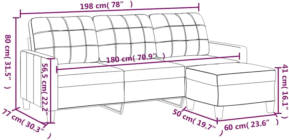 Trivietė sofa su pakoja, juodos spalvos, 180cm, dirbtinė oda