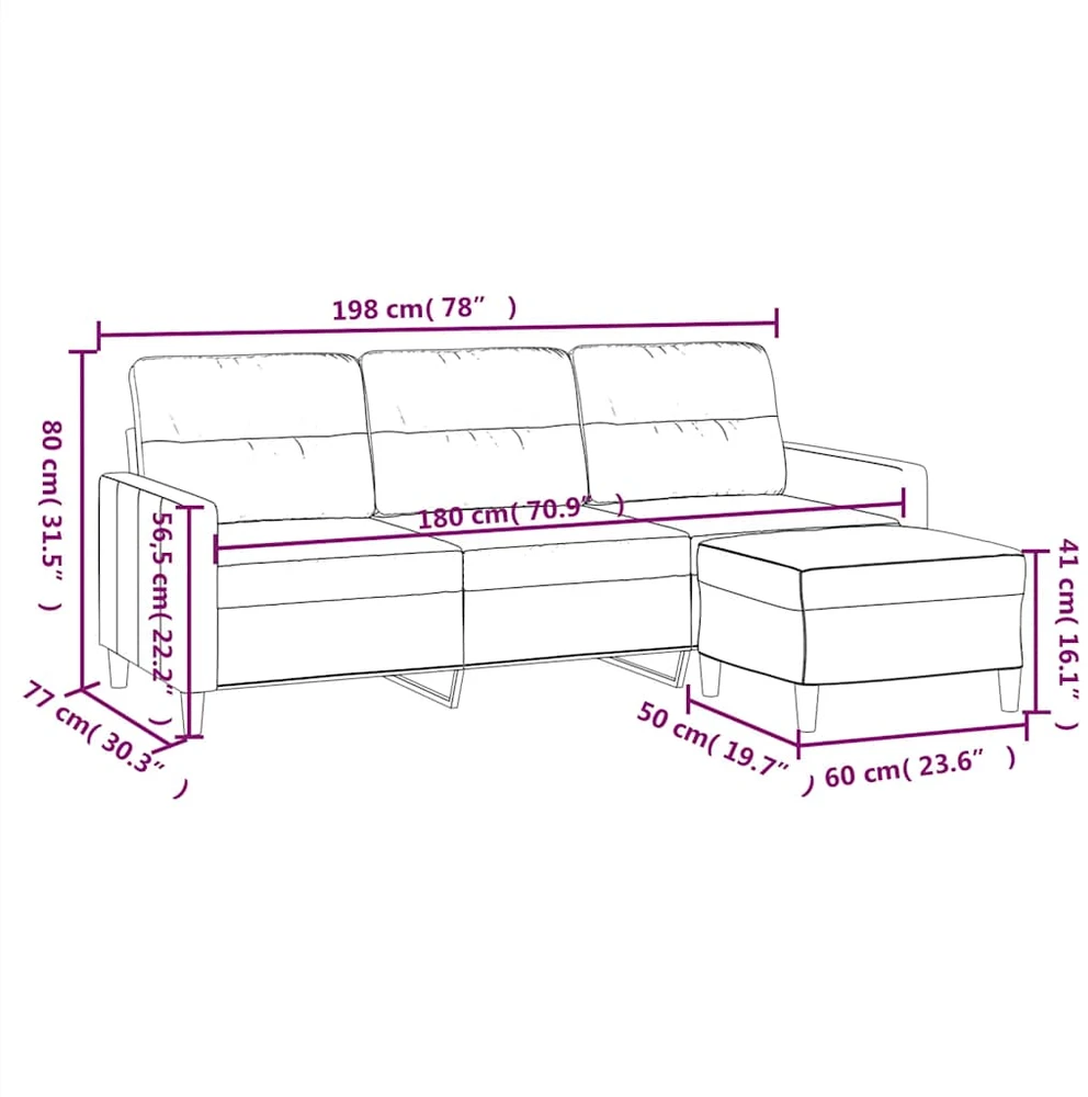 Trivietė sofa su pakoja, juodos spalvos, 180cm, audinys