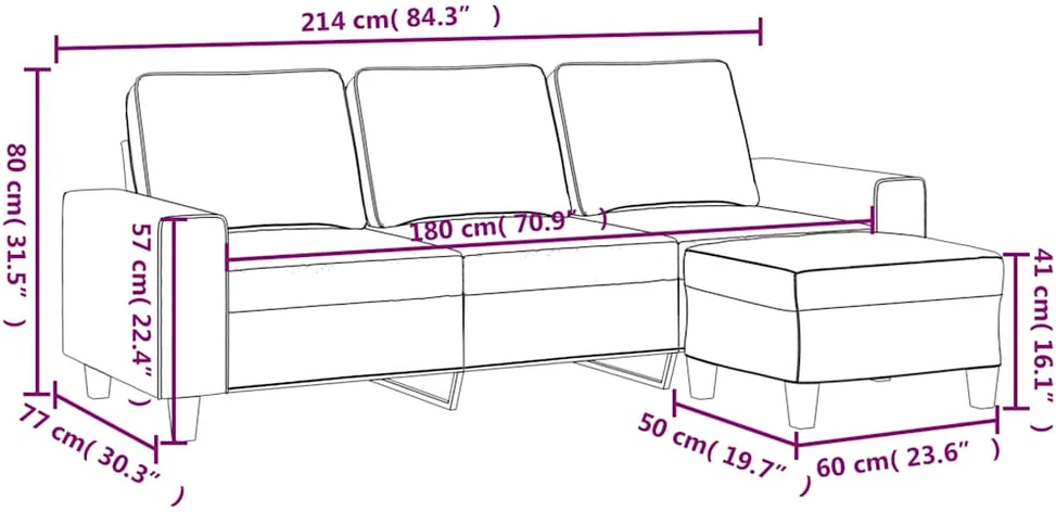 Trivietė sofa su pakoja, juodos spalvos, 180cm, audinys