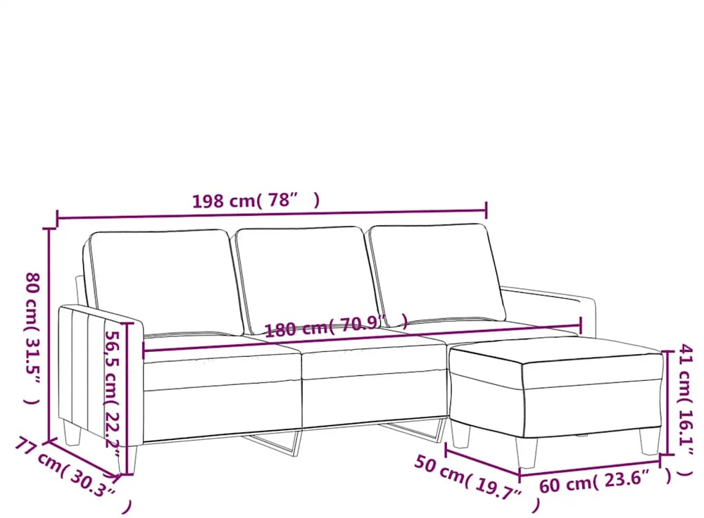 Trivietė sofa su pakoja, juodos spalvos, 180cm, audinys