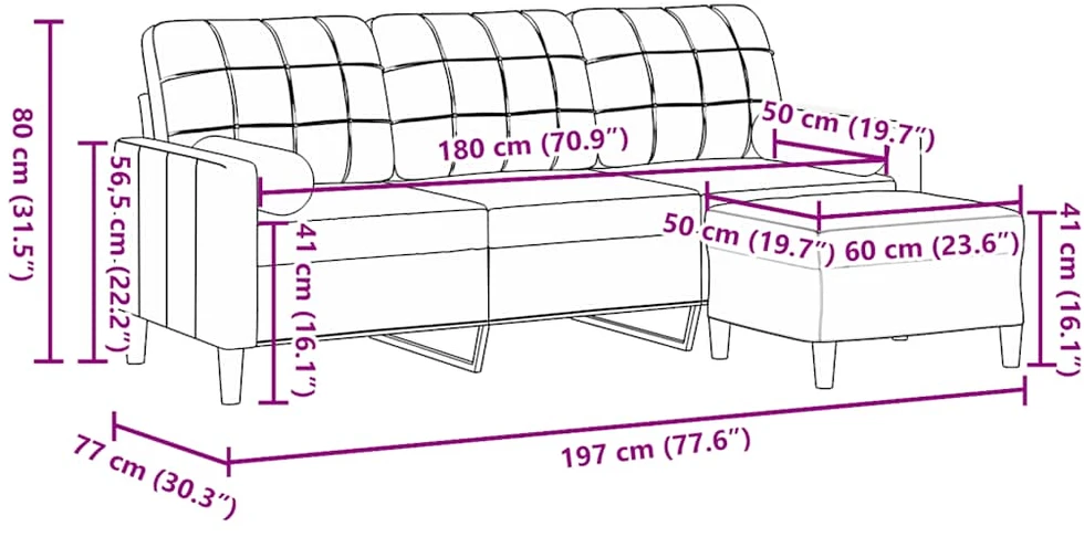 Trivietė sofa su pakoja, juodos spalvos, 180cm, aksomas