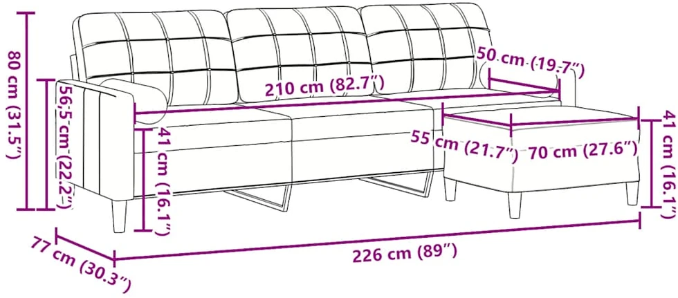 Trivietė sofa su pakoja, juodos spalvos, 210cm, aksomas